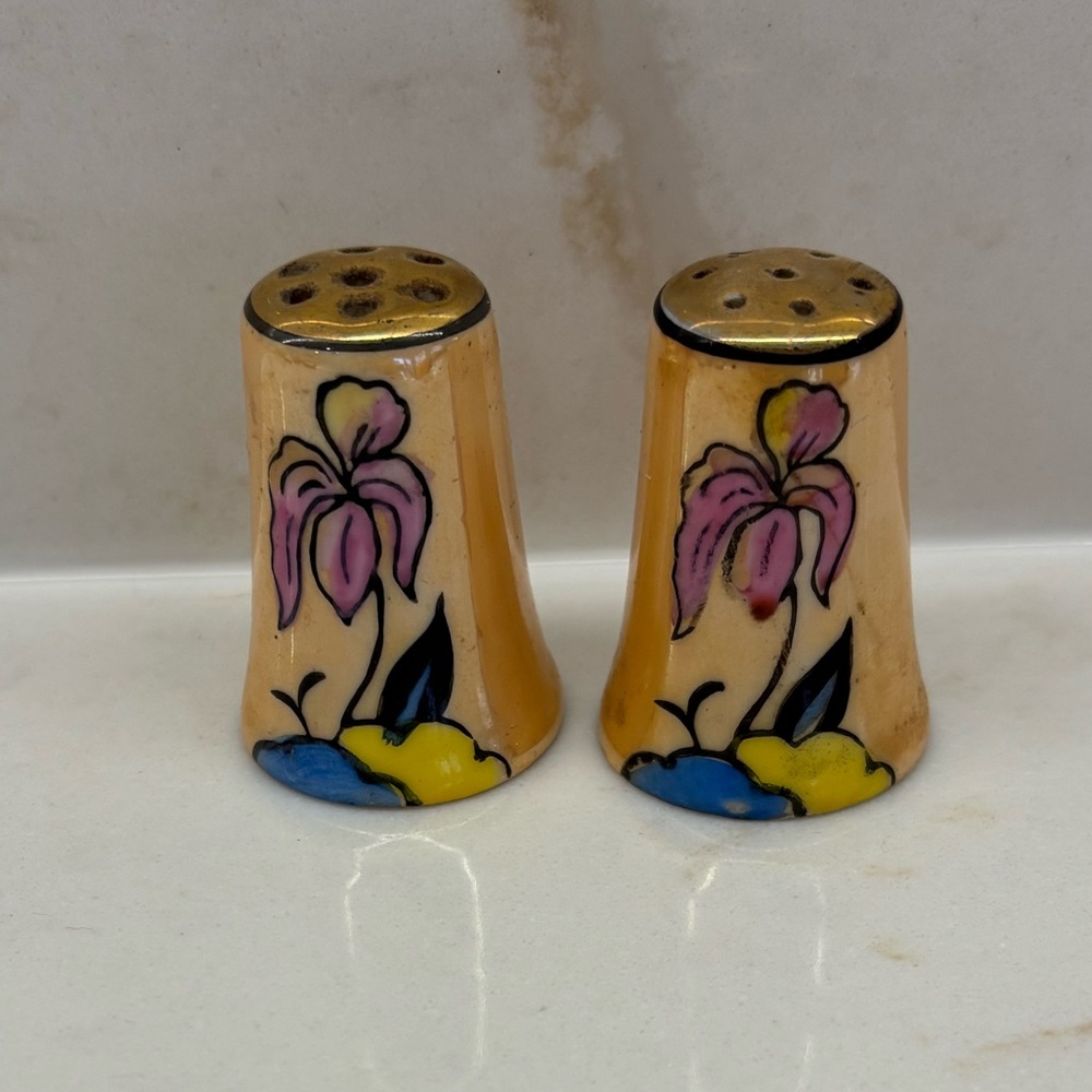 Vintage Lustreware Hand-Painted Pink Floral Salt Pepper Shakers Art Deco Style